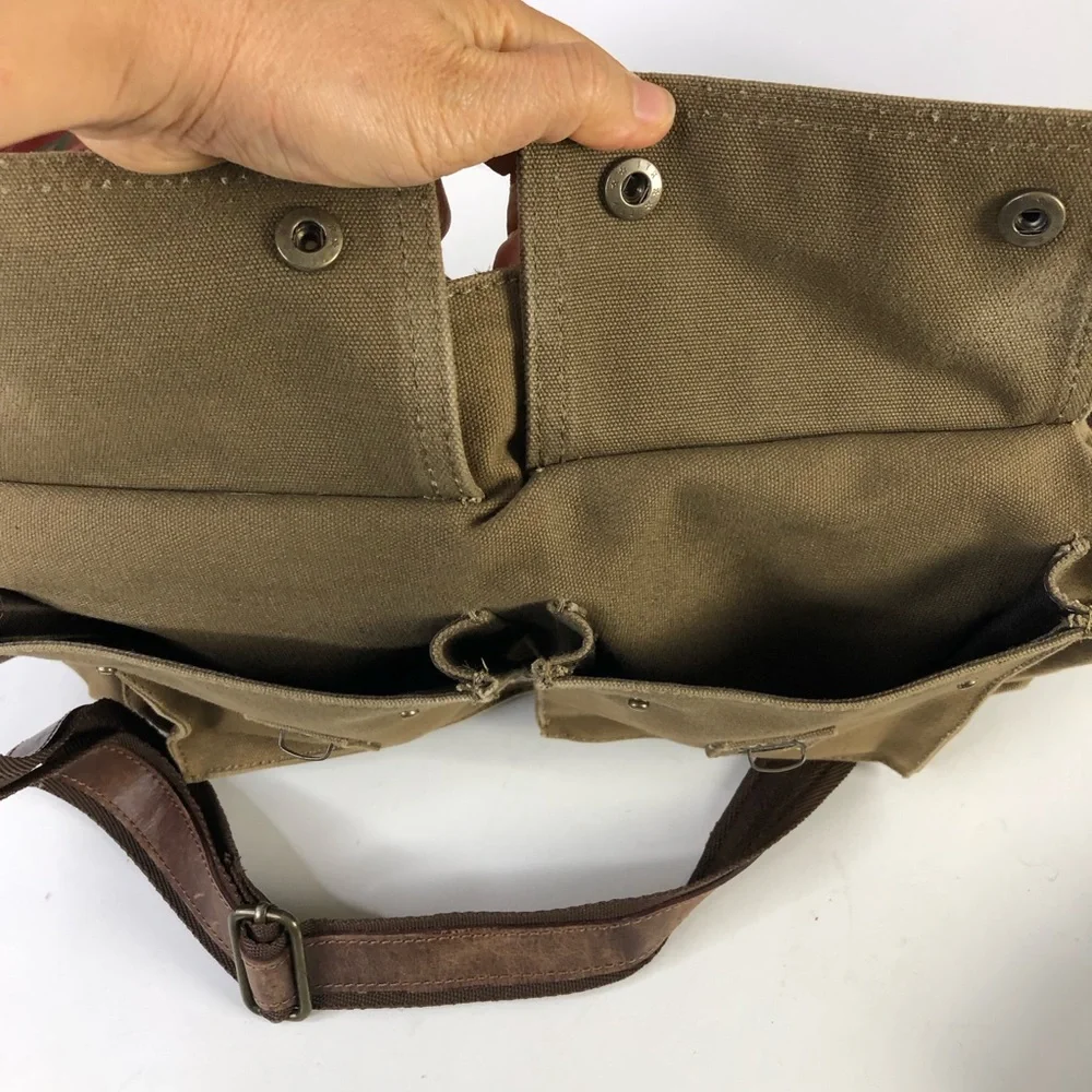 Rustic Town Men Brown Military Leather Canvas Messenger Bag L Shoulder Crossbody